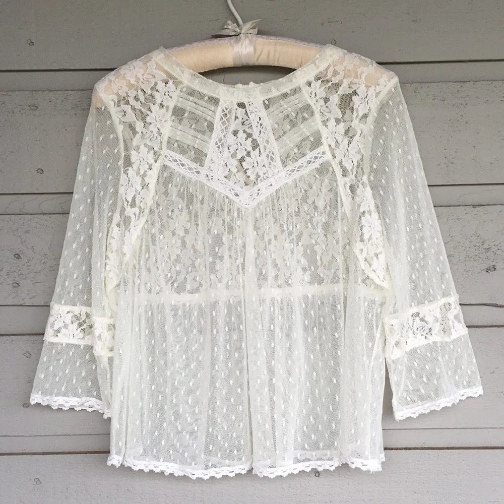 FREE PEOPLE BOHO IVORY/OFF WHITE MODERN ROMANCE SHEER LACE TOP - Picture 2 of 13